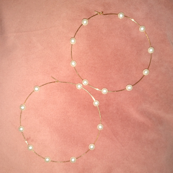 Big Pearl Accent Gold Hoops Thin Oversized Hoop Statement Earrings Bohemian Boho - Picture 4 of 7